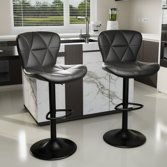 CQSXDA Adjustable Height Faux Leather Bar Stools Set of 2 Swivel Chairs with Back Design for Kitchen Island Use, Black