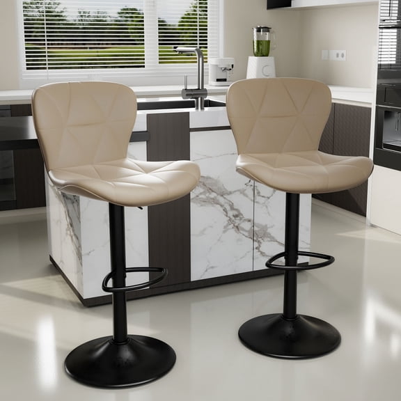 CQSXDA Adjustable Height Faux Leather Bar Stools Set of 2 Swivel Chairs with Back Design for Kitchen Island Use, khaki