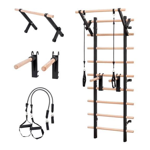 CQSXDA Adjustable Wall Mount Ladder Home Gym Stall Bar with Pull Up Dip Bars and Resistance Straps Max Capacity 286lbs