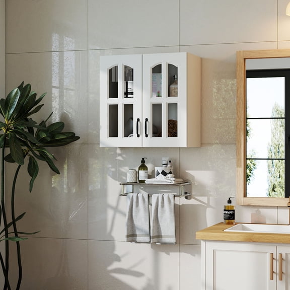 CQSXDA Arched Glass Door Design Floating Wall Cabinet in for Kitchen or Living Room with Adjustable Shelving Feature,White.