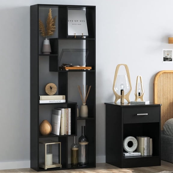 CQSXDA Asymmetrical Display Shelf Wood Finish 5-Tier Design for Modern Home Decor and Organizing Spaces, Black