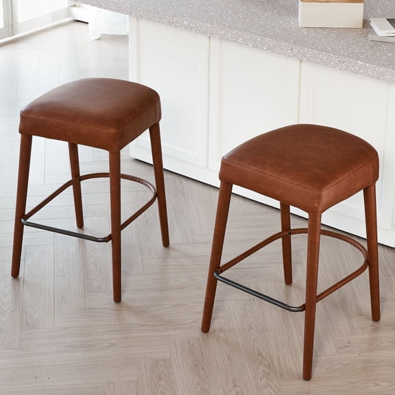 CQSXDA Backless Brown Faux Leather Bar Stools Set of 2 with Padded Seats and Footrest for Dining Counter Use