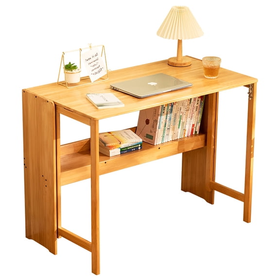 CQSXDA Bamboo Folding Desk in Natural Color, Space-Saving Computer Desk for Small Spaces, Perfect for Home and Office Use
