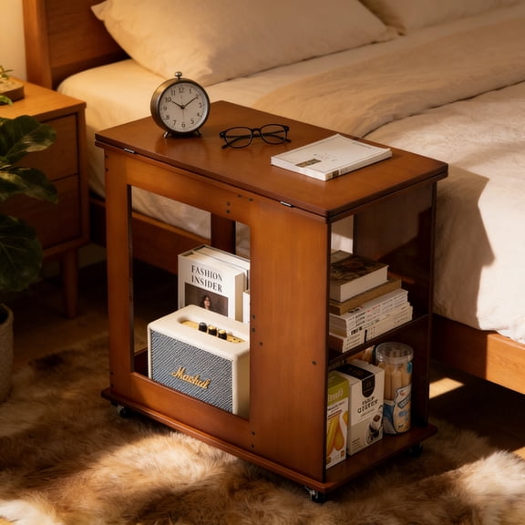CQSXDA Bamboo Folding Edge Table Space-Saving Design With Movable Storage Natural Finish For Beds And Sofas