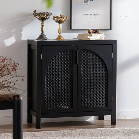 CQSXDA Black Accent Cabinet with Rattan Finish and Adjustable Shelf, 29 Inch Narrow Sideboard for Living Room and Kitchen