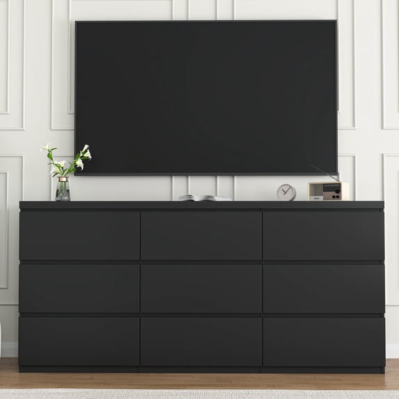 CQSXDA Black Matte Wood 9 Drawer Dresser with No Handle Design for Bedroom or Living Room Storage Solutions