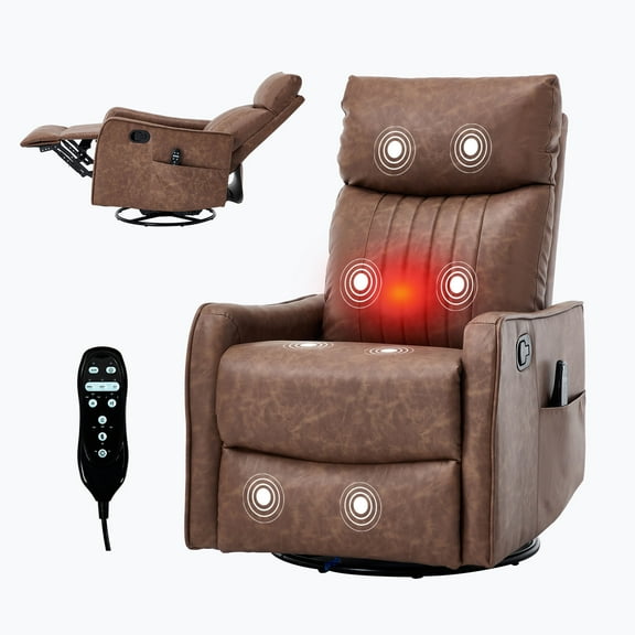 CQSXDA Brown Heat Massage Manual Recliner Chair With Rocker And Swivel In Faux Leather For Living Room Comfort And Relaxation