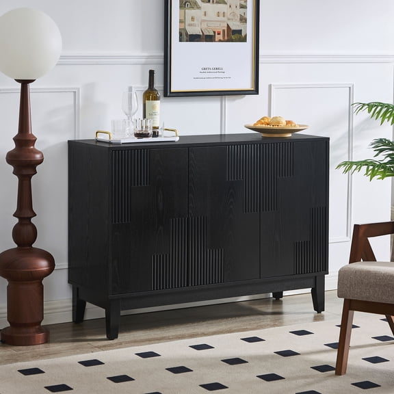 CQSXDA Buffet Cabinet With Vertical-Stripe Patchwork Design In  44.3 Inch Storage Sideboard，Black