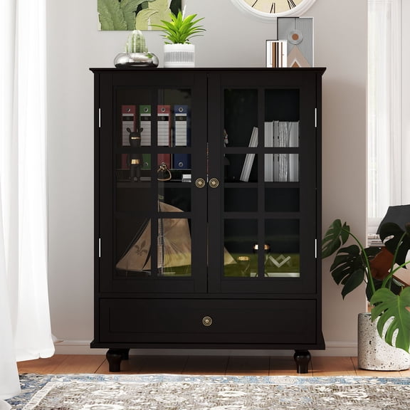 CQSXDA Buffet Cabinet with Double Glass Doors and Drawer Contemporary Wooden Storage Sideboard for Entryway Hallway