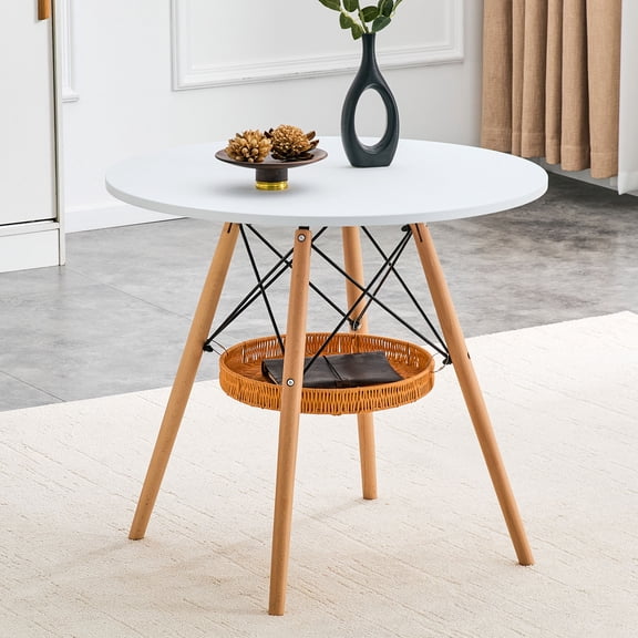 CQSXDA Casual Circular Dining Table With Woven Storage Basket, 31.5-Inch MDF Top And Solid Wood Legs For Small Spaces, White,Wood