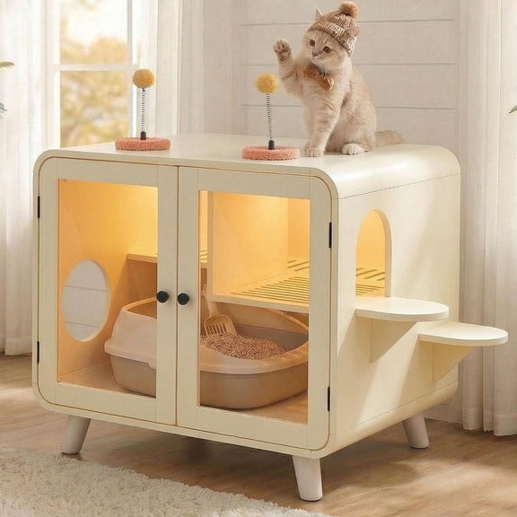 CQSXDA Cat Hidden Litter Box Enclosure With Glass Doors And Walkway, RGB Lighting Features, Retro TV Design For Modern Cat Living Solution, Beige