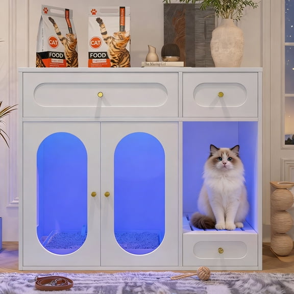 CQSXDA Cat Litter Box Enclosure With LED Light, Hidden Furniture Storage Drawers, Indoor Pet House End Table,White