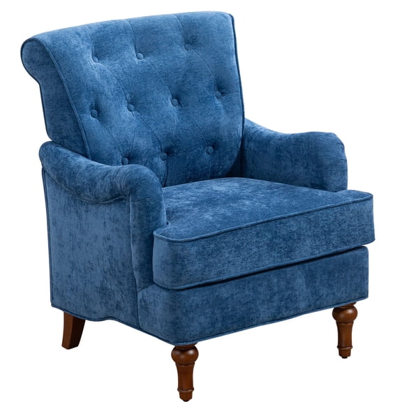 CQSXDA Chenille Accent Chair in Light Blue Fabric, Upholstered Arm Chair with Retro Wooden Legs for Living Room
