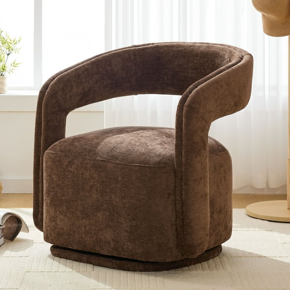 CQSXDA Chenille Fabric Swivel Accent Armchair, Barrel Leisure Chair With Curved Backrest, 22-Inch Seat Depth, Brown