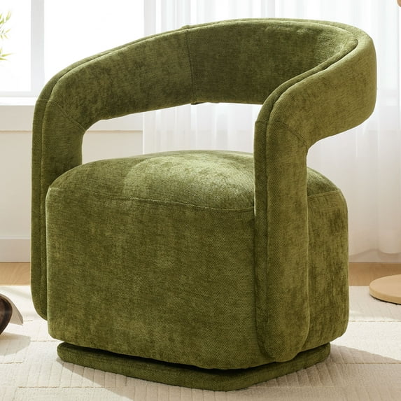 CQSXDA Chenille Fabric Swivel Accent Armchair, Barrel Leisure Chair With Curved Backrest, 22-Inch Seat Depth, Green