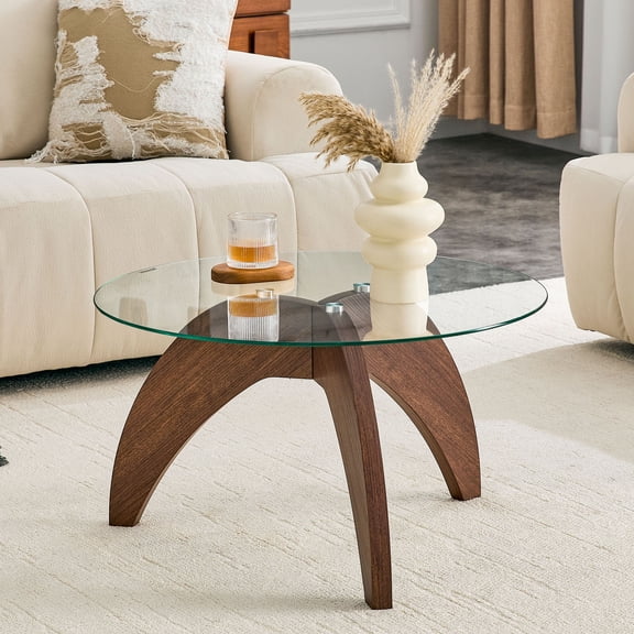 CQSXDA Claw-Style Round Coffee Table with 27.5 Inch Diameter Clear Tempered Glass Top and Walnut-Colored MDF Triangular-Leg for Living Room