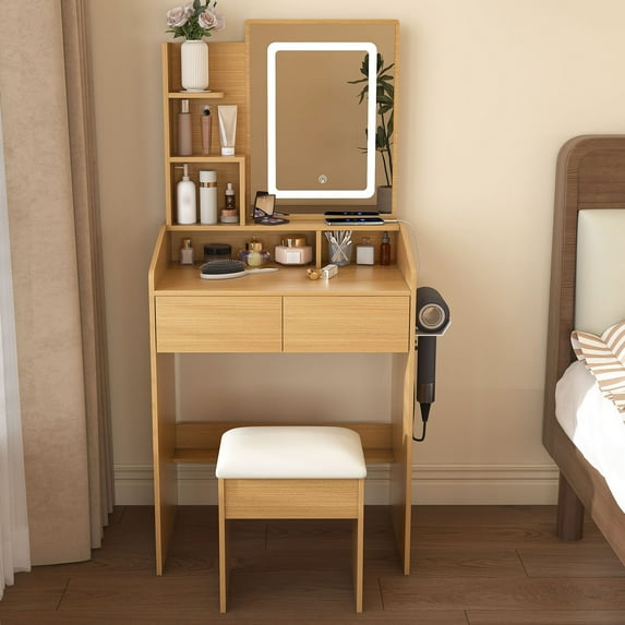 CQSXDA Compact Dressing Desk with Led-Illuminated Mirror Hairdryer Holder and Stool Wood Vanity Table for Small Spaces