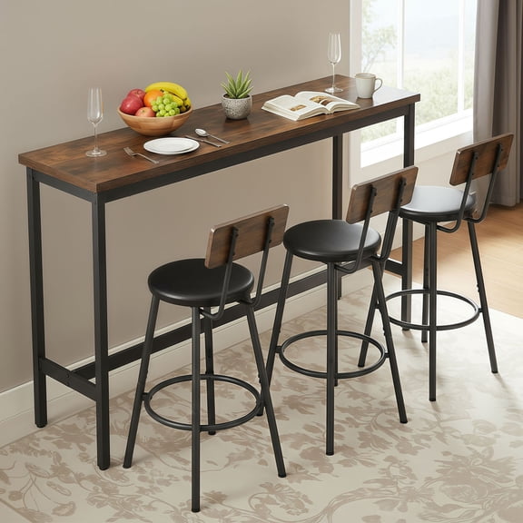 CQSXDA Contemporary 4-Piece Bar Table Set featuring Rustic Brown Table and 3 PU Upholstered Stools for Small Spaces for Kitchen, Living Room and Cafes