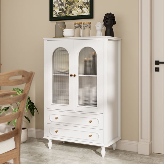 CQSXDA Contemporary 46.5 Inch Glass Display Cabinet With Modern Ribbed Glass Doors, Complete With Two Drawers and Adjustable Shelf for HomeStorage Solutions, White