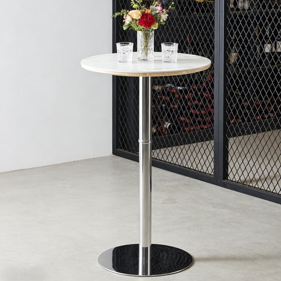 CQSXDA Contemporary Rock Slab Circular Tabletop Bar Table With Stainless Steel Legs and Base 39.5 Inches High for Home or Patio Use, White+Silver