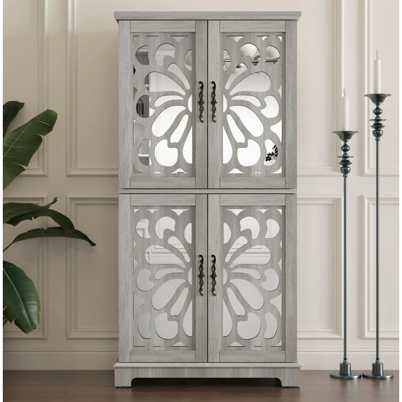 CQSXDA Contemporary Storage Cabinet With Adjustable Shelves, MDF Buffet Sideboard With 4 Acrylic Mirrored Doors, Light Gray