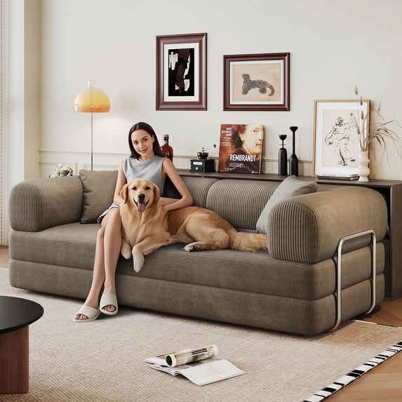 CQSXDA Convertible 78.8" Floor Compression Sofa Bed with Armrest and Back Support, Corduroy Modular Couch for Bedrooms, Camel