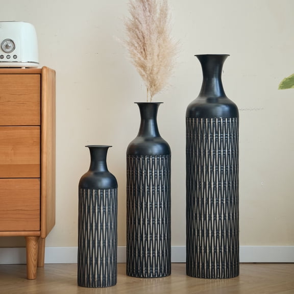 CQSXDA Decorative Metal Vases Set of 3 Tall with Textured Pattern for Modern Home Decor, Flower Vases for Living Room, Black
