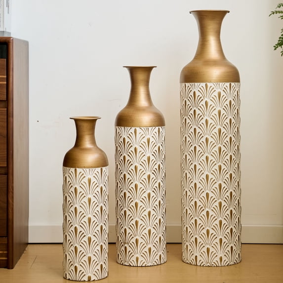 CQSXDA Tall Modern Home Textured Pattern White Metal Vases, Set of 3