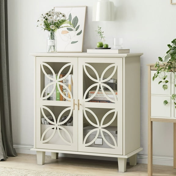 CQSXDA Decorative Storage Cabinet With Tempered Glass Doors Cream Color Modern Retro Sideboard Buffet 2-Door Console Table