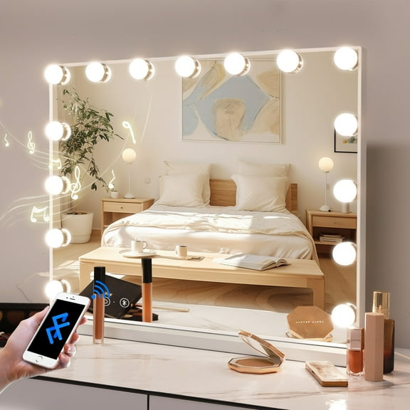 CQSXDA Dimmable LED Vanity Mirror With Lights And Bluetooth Speaker 22.8"x 18.1" Make Up Mirror With 3 Color Lighting Modes