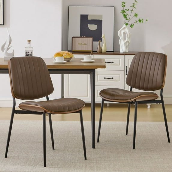 CQSXDA Dining Chairs Set of 2 in Retro Faux Leather with Bentwood Back Metal Legs for Kitchen and Dining Room Use, Brown