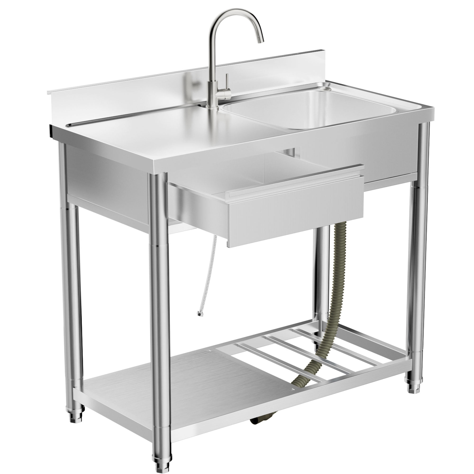 CQSXDA Durable 304 Stainless Steel Outdoor Utility Sink with Workbench and Storage Shelf, 39 Inch Freestanding Prep Table