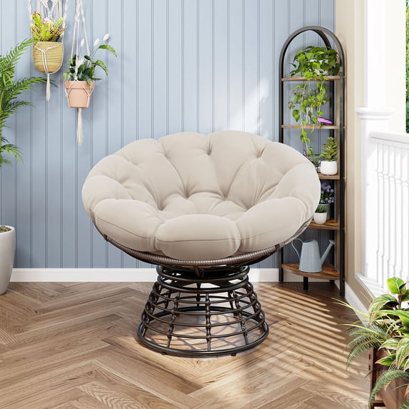CQSXDA Ergonomic Indoor Outdoor Rattan Papasan Chair with 360° Swivel, Thick Cushion and Brown Frame for for Home and Garden, Beige