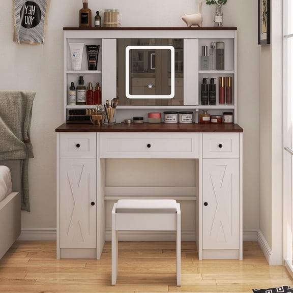 CQSXDA Farmhouse Makeup Vanity Desk With Charging Station And Dimmable LED Light, White And Brown Finish With Stool