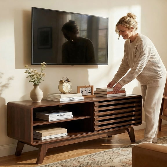 CQSXDA Farmhouse Media Console with Storage, 46 Inch Mid Century Modern TV Stand in Walnut, Entertainment Center