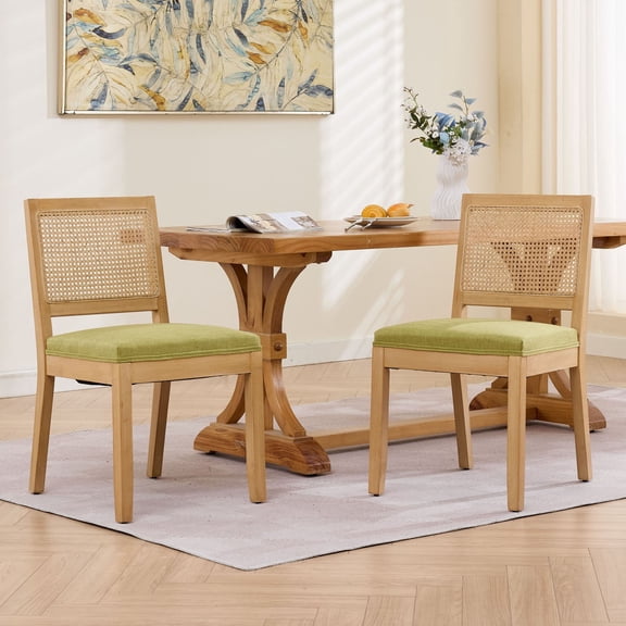 CQSXDA Farmhouse Rattan Dining Chairs Set of 2 Natural Hardwood Frame Mid Century Modern Kitchen and Dining Room Chairs, Olive Green