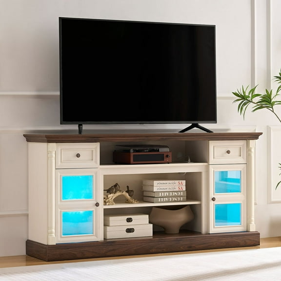 CQSXDA Farmhouse TV Stand In Antique Woodgrain Finish For Up To 80" TVs 70
" Media Console With LED Lights