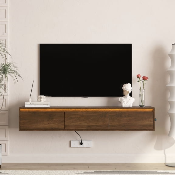 CQSXDA Floating TV Stand in White with Led Lights and Power Outlet, Stylish High Gloss TV Cabinet for Living Room Decor