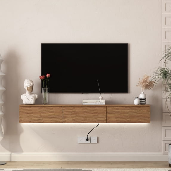 CQSXDA Floating TV Stand with 16 Color LED Lights, 69 Inch Modern Design, Wall Mounted Entertainment Center for Large TVs,Wood