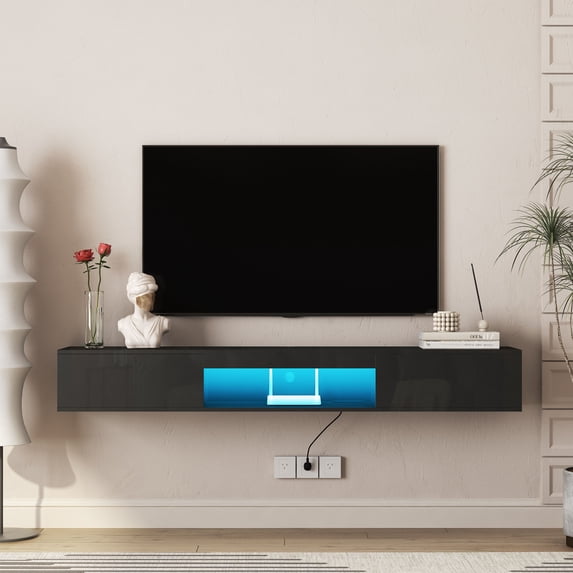 CQSXDA Floating TV Stand with 16 Color LED Lights, 69 Inch Modern Design, Wall Mounted Entertainment Center for Large TVs