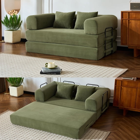 CQSXDA Foldable 59 Inch Corduroy Sofa Bed With Cylindrical Pillow And Fixed Frame For Living Room Or Bedroom Use, Green