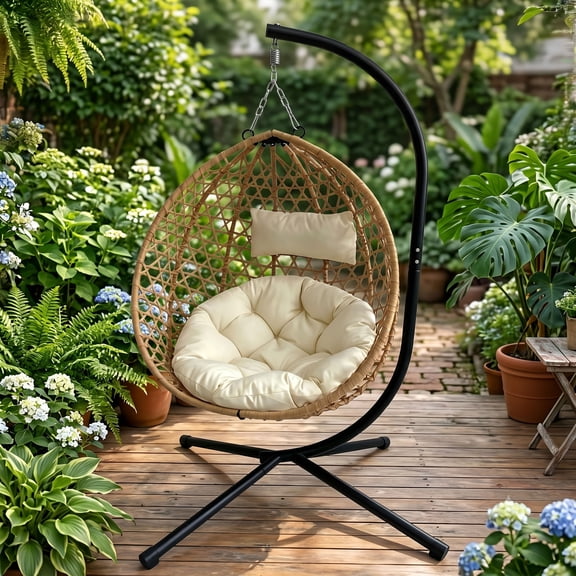 CQSXDA Foldable Hanging Egg Chair in Rattan Wicker with Cushion, 350 Lbs Capacity for Indoor Outdoor Use,Beige+yellow