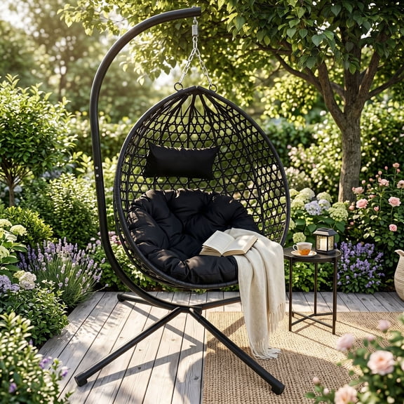 CQSXDA Foldable Hanging Egg Chair in Rattan Wicker with Cushion, 350 Lbs Capacity for Indoor Outdoor Use，Black