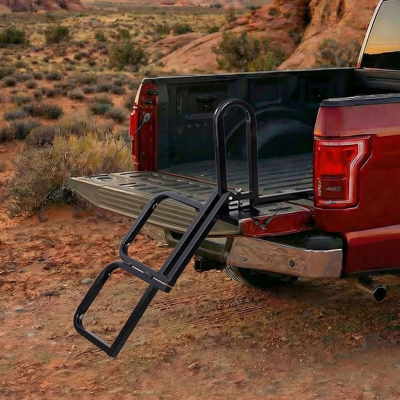 CQSXDA Foldable Pickup Truck Tailgate Two-Step Ladder in Black Steel with Secure Hand Rail - 300 LBS Load Capacity,