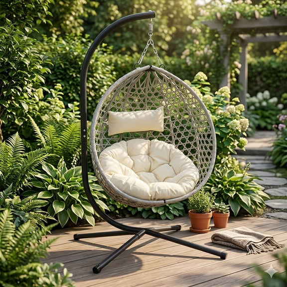 CQSXDA Folding PE Rattan Hanging Egg Chair with Stand , Cozy Indoor Outdoor Hammock Swing Basket Chair for Relaxation，Beige+Grey