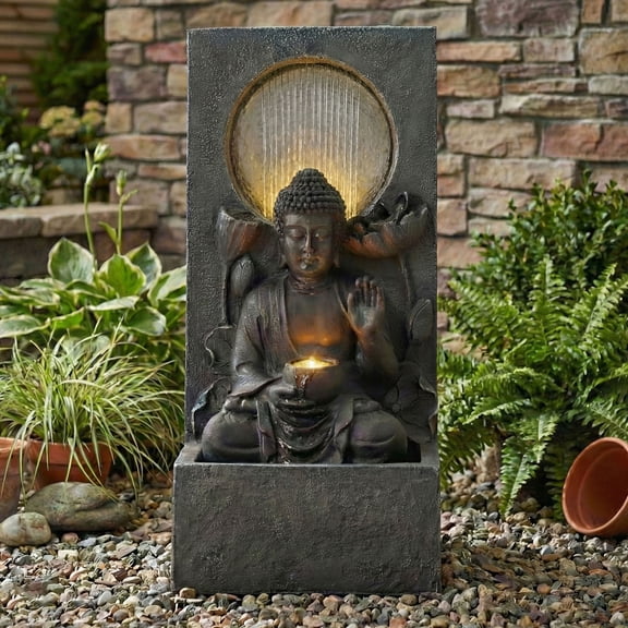 CQSXDA Freestanding 28 Inch Buddha Waterfall Led Fountain In Calming Style For Outdoor Patio Garden Backyard Decor