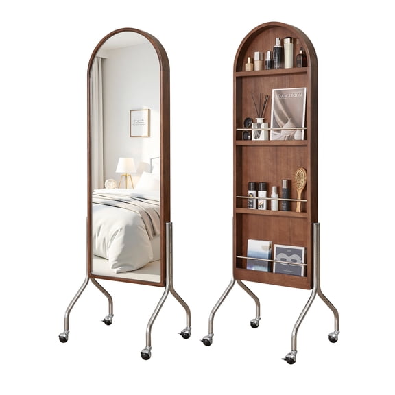 CQSXDA Freestanding Arched Full Length Mirror with Integrated Storage Shelves, Rolling Design in Rubber Wood for Convenience
