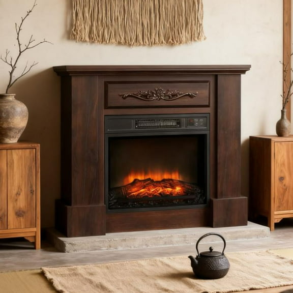 CQSXDA Freestanding Electric Fireplace TV Stand with Realistic LED Log Flame, 1400W Heater, Remote Control, Overheat Protection, Brown