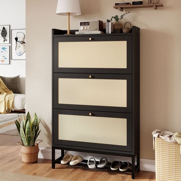 CQSXDA Freestanding Slim Shoe Storage Cabinet with 3 Flip Drawers Wood Design Holds 16-20 Pairs for Easy Access  for Hallway or Foyer Storage, Black