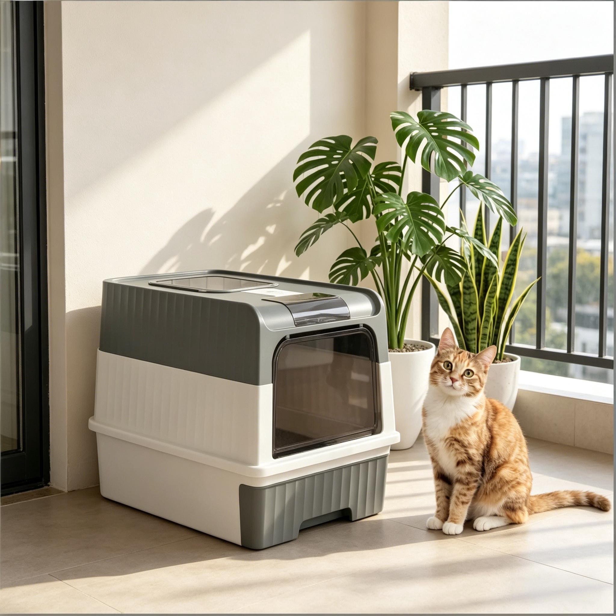 CQSXDA Fully Enclosed Compact Cat Litter Box for Effortless Clean Up - Ideal Pet Litter Solution for Small Spaces，Black,Gray,White